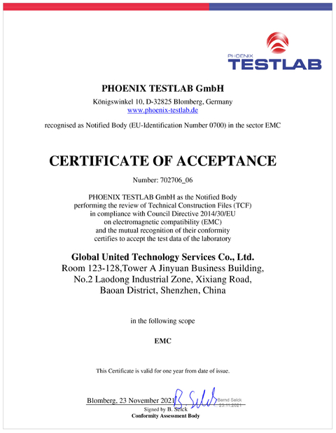 중국 Global United Technology Services Co.,Ltd. 인증